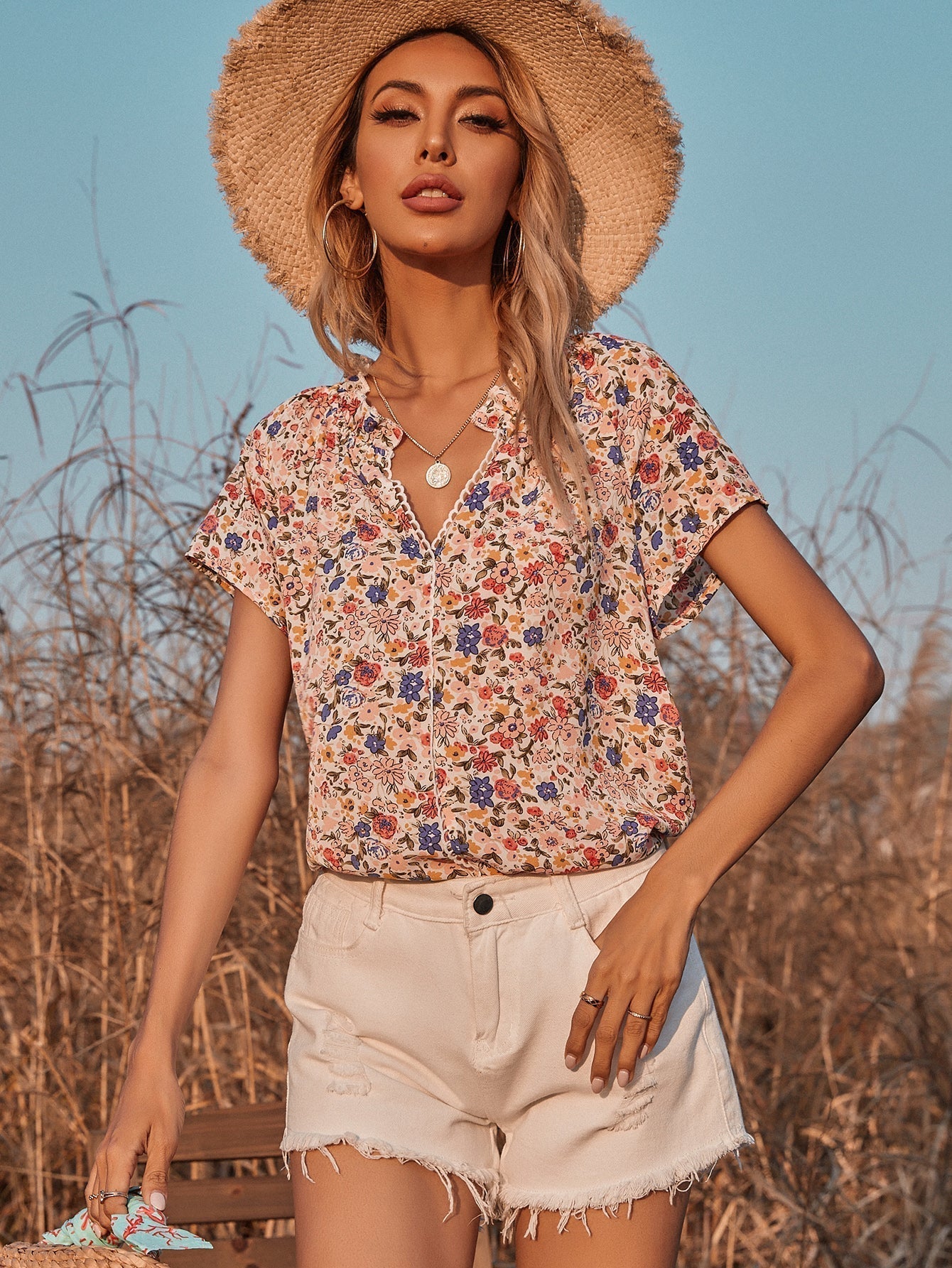 V-neck Floral Short-sleeved Chiffon Shirt Blouse - Fashionpara