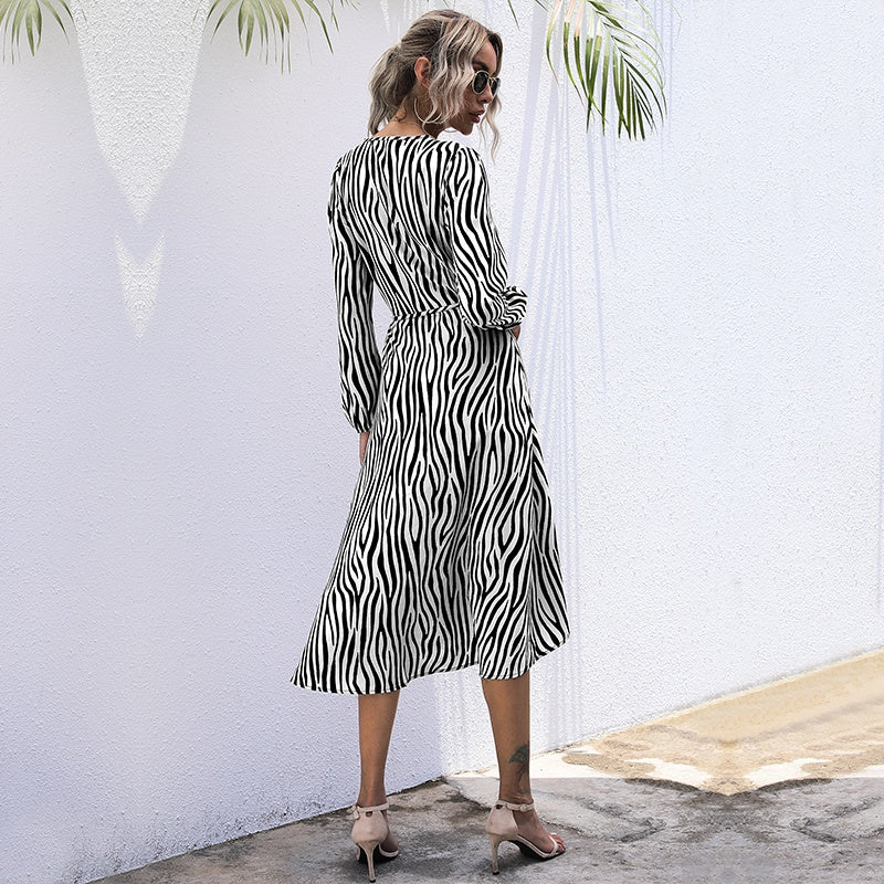 Zebra Print V-Neck Long Sleeve Tie Waist Midi Dress