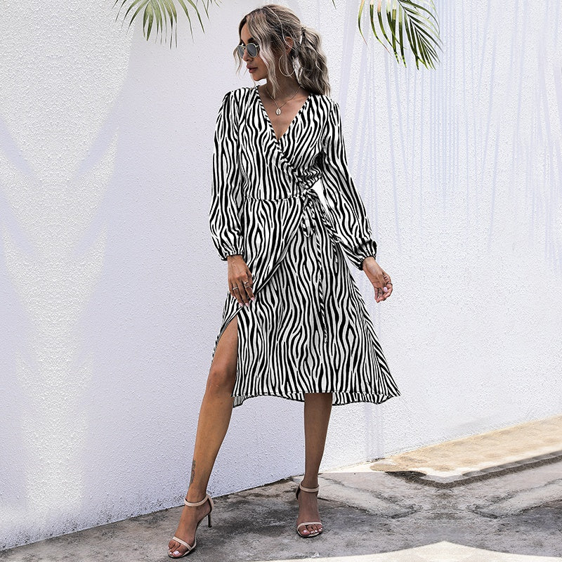 Zebra Print V-Neck Long Sleeve Tie Waist Midi Dress