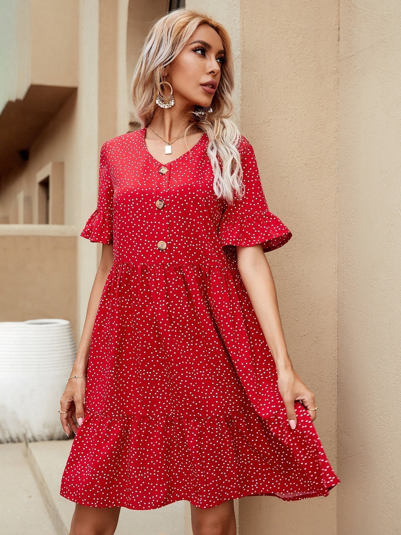 V-neck Polka Dot Ruffled Long Skirt - Fashionpara