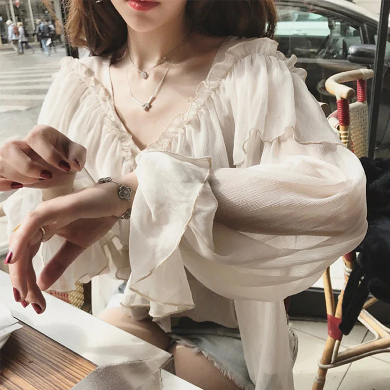 See Through Boho Mesh Ruffle Blouse