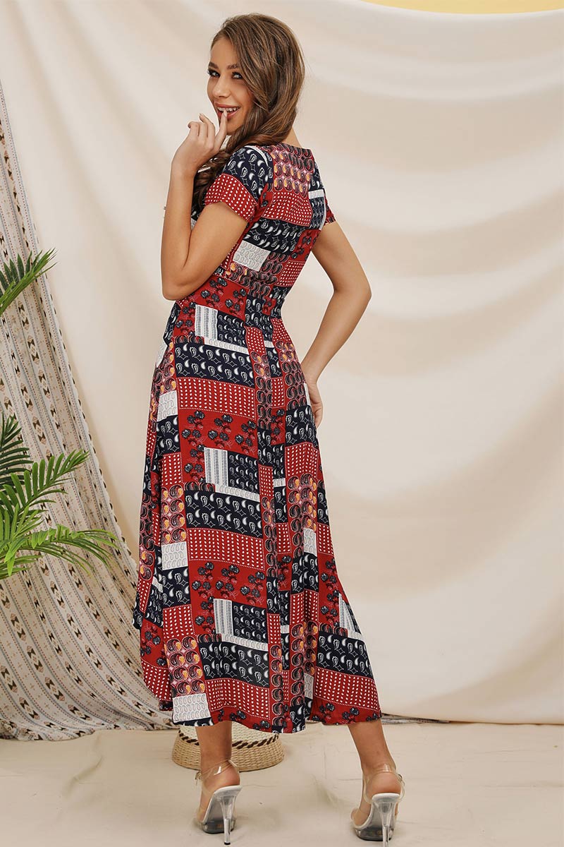 V-neck Single Breasted Asymmetrical Printed Dress