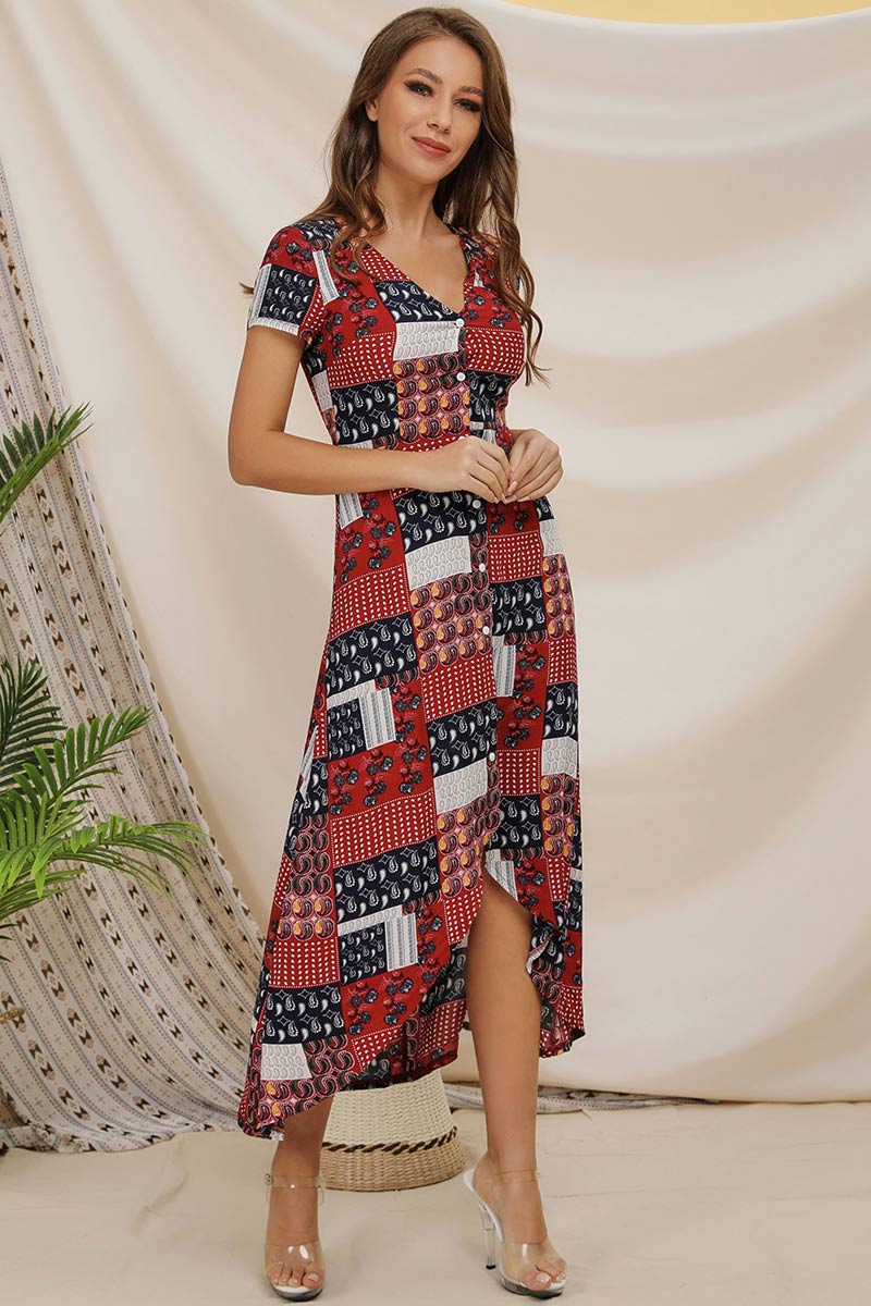 V-neck Single Breasted Asymmetrical Printed Dress