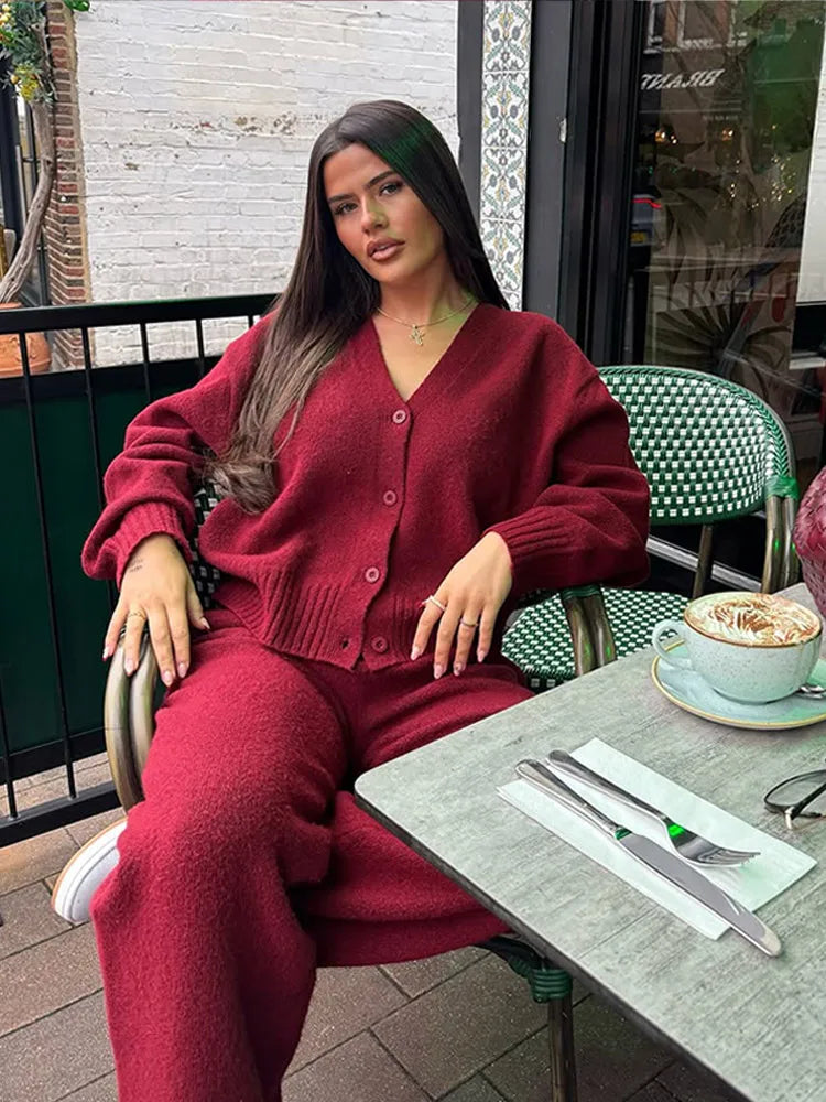 Burgundy Loose V-neck Single Breasted Cardigan