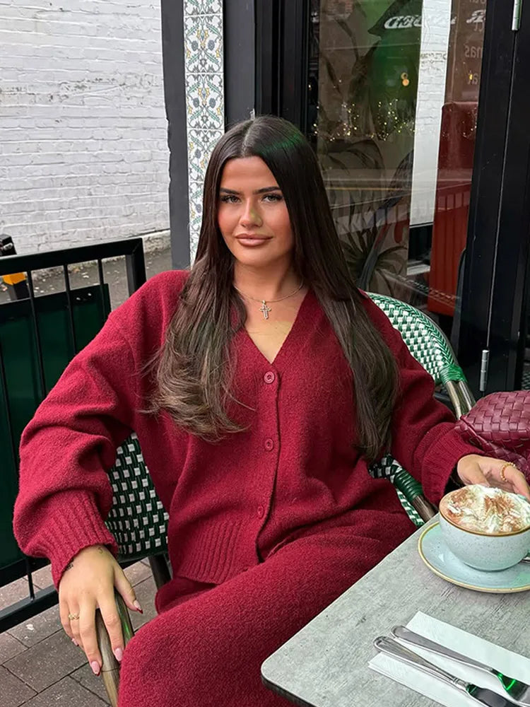 Burgundy Loose V-neck Single Breasted Cardigan