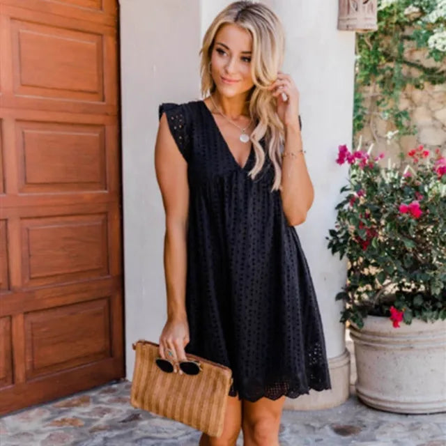 Eyelet Deep V-Neck Flutter Sleeve Scalloped Hem Babydoll Mini Dress