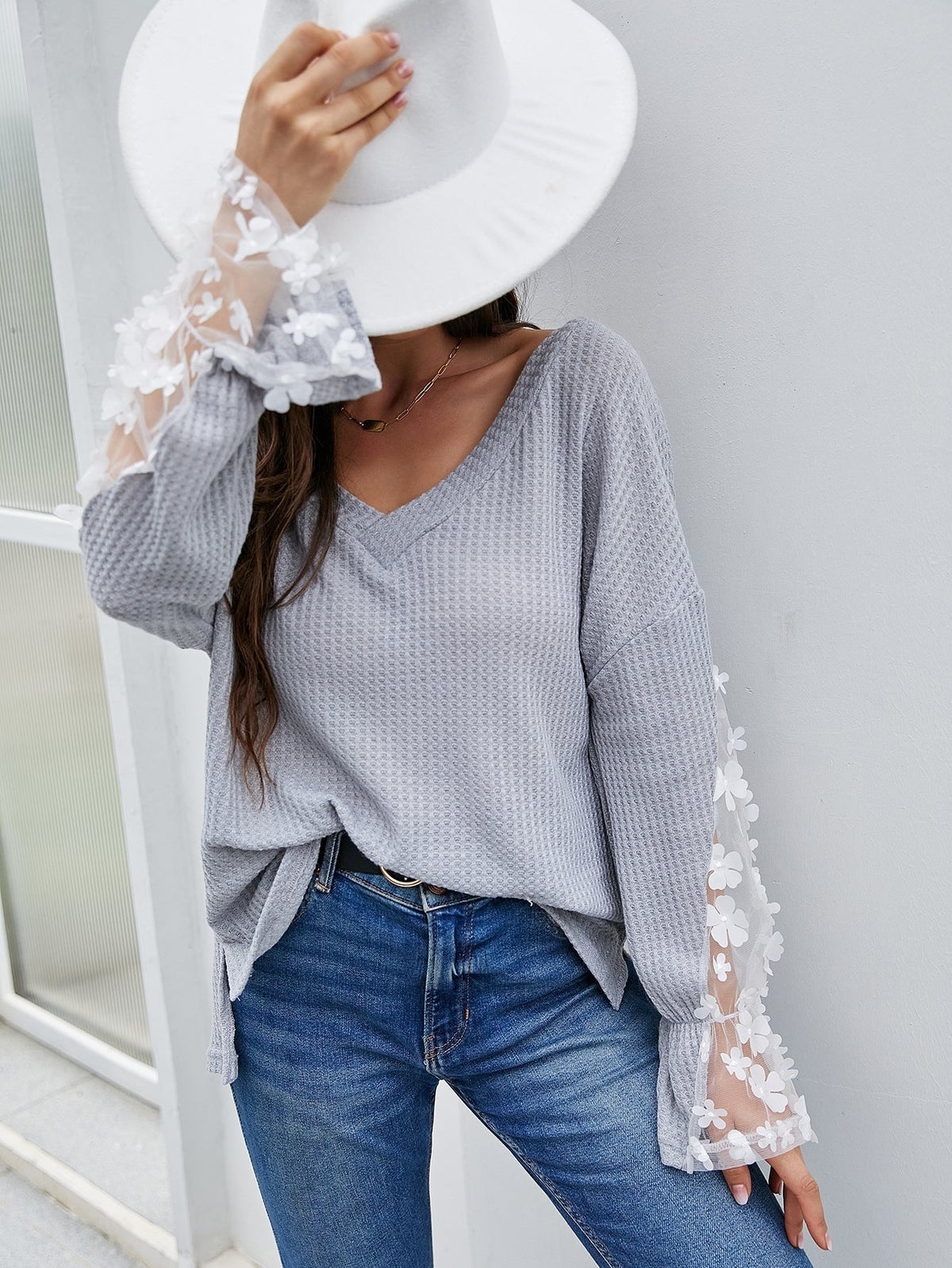 KittenAlarm - V-neck loose pullover gray sexy long-sleeved lace casual top