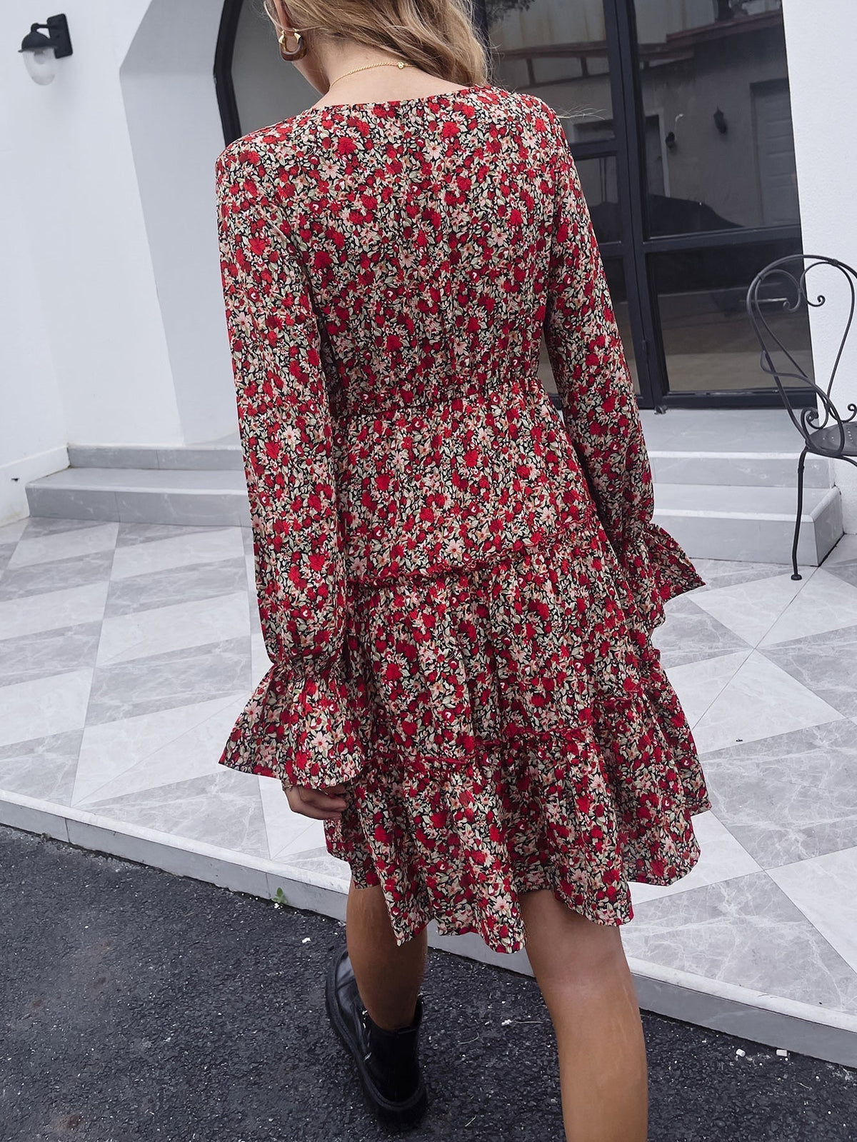 KittenAlarm - V-neck red floral mid-length casual long-sleeved dress