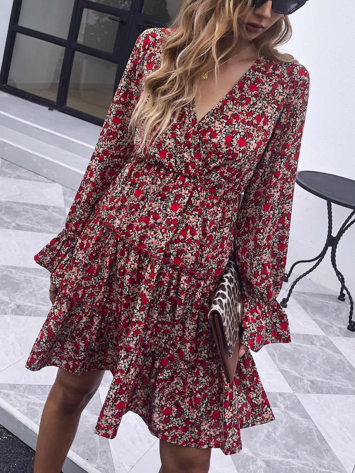 KittenAlarm - V-neck red floral mid-length casual long-sleeved dress
