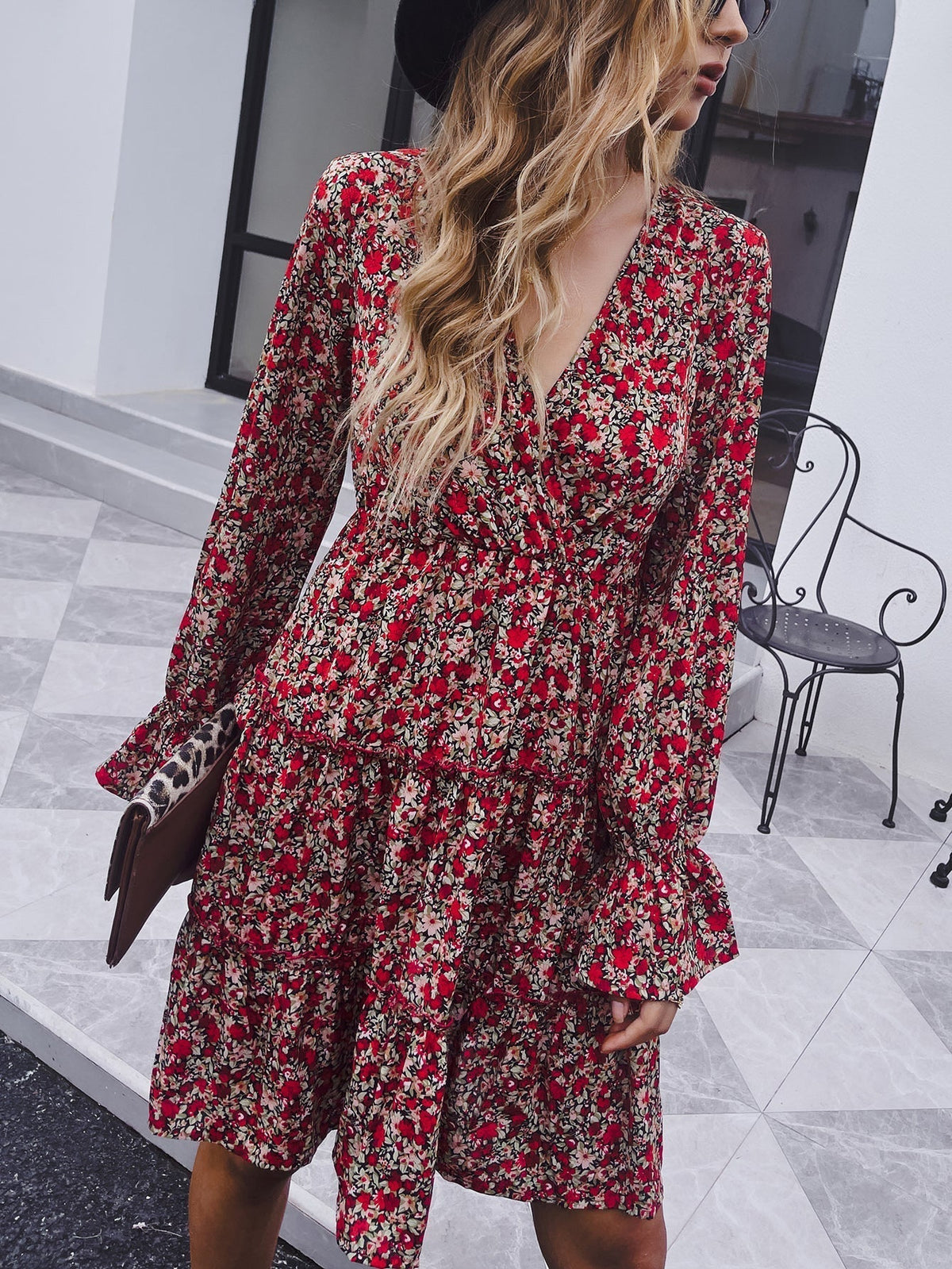 KittenAlarm - V-neck red floral mid-length casual long-sleeved dress