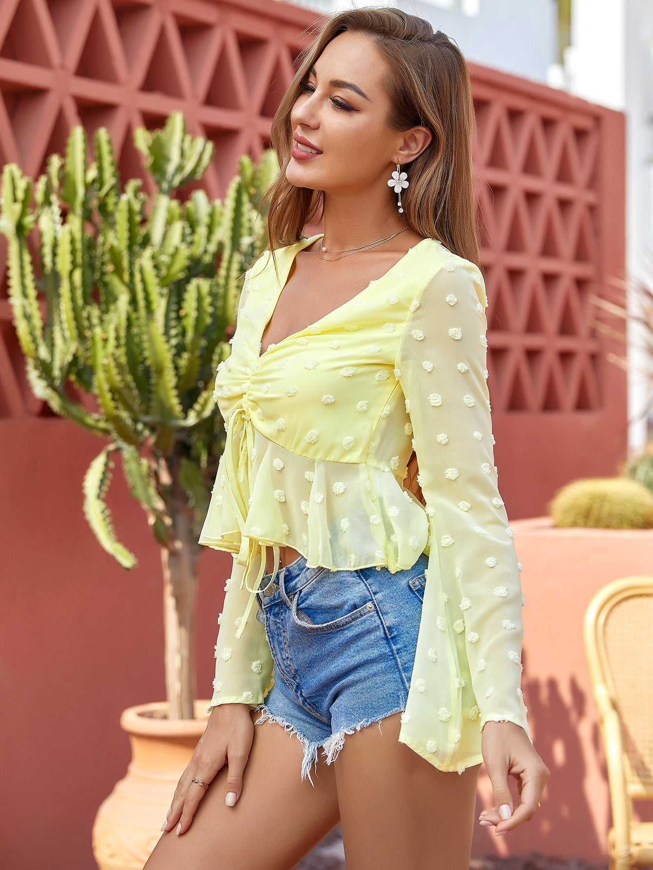 V neck wave point short flared sleeve top sexy pop up shirt women bandage blouse multicolor - Fashionpara