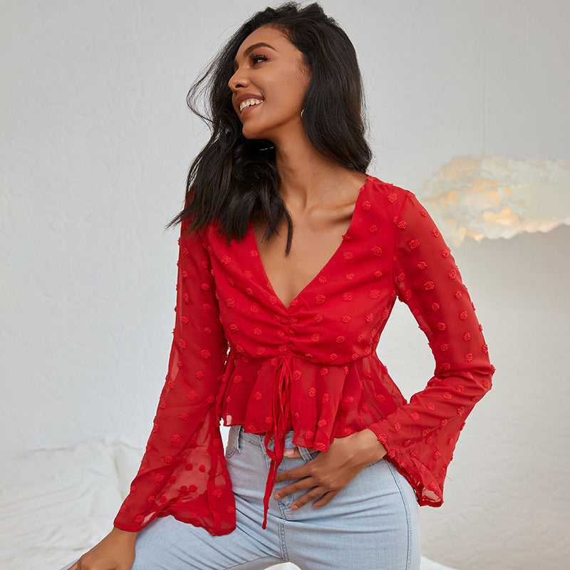 V neck wave point short flared sleeve top sexy pop up shirt women bandage blouse multicolor - Fashionpara