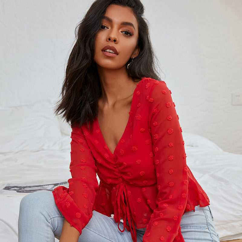 V neck wave point short flared sleeve top sexy pop up shirt women bandage blouse multicolor - Fashionpara