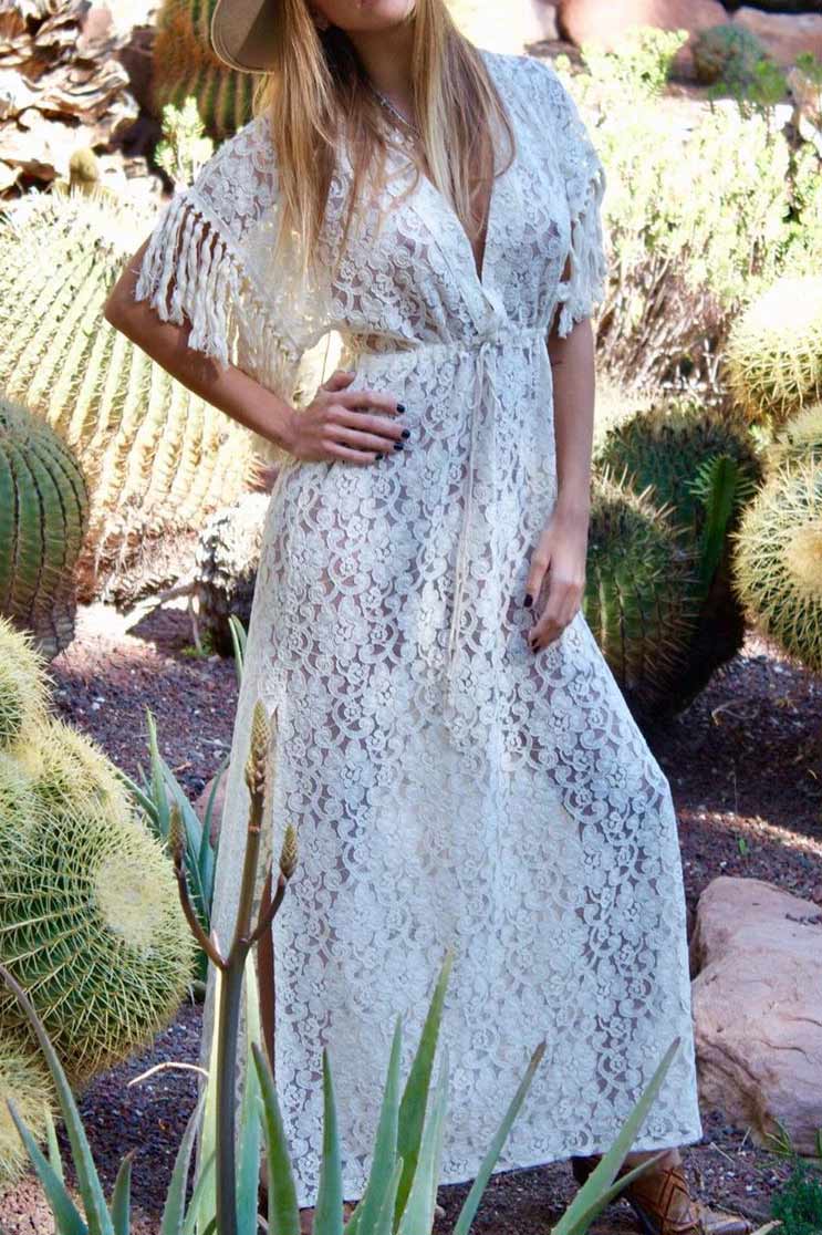 V-neck Lace Lace-up Tasseled Long Dress - Mislish