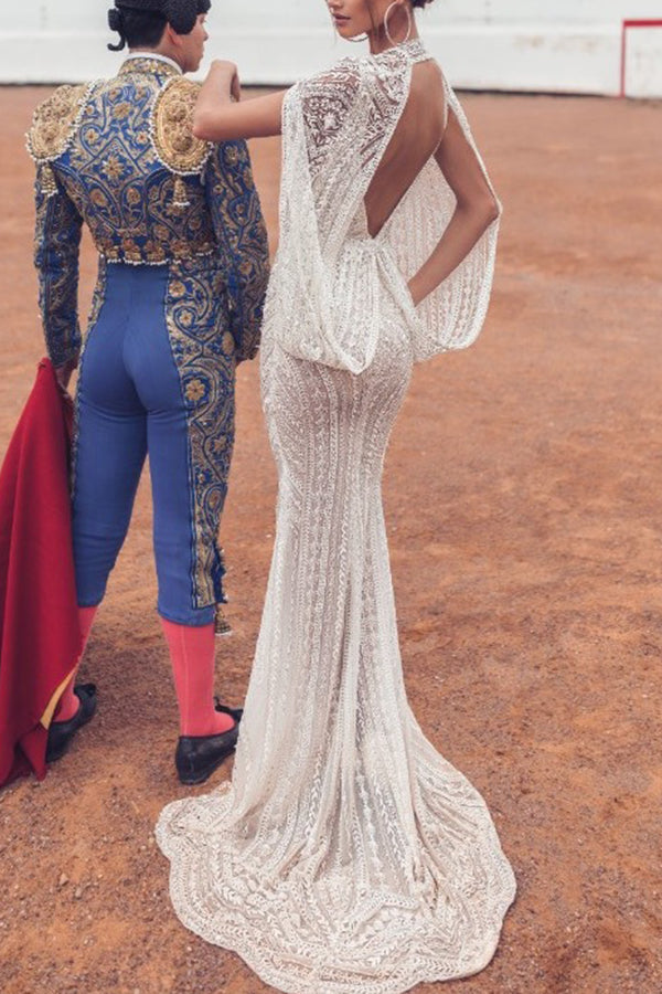 White V-neck Backless Lace Long Dress