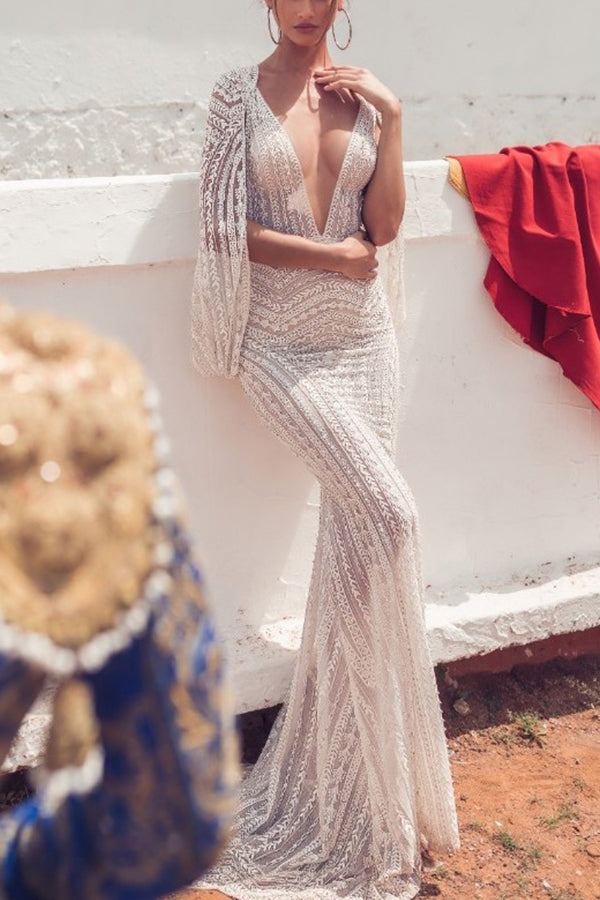 White V-neck Backless Lace Long Dress