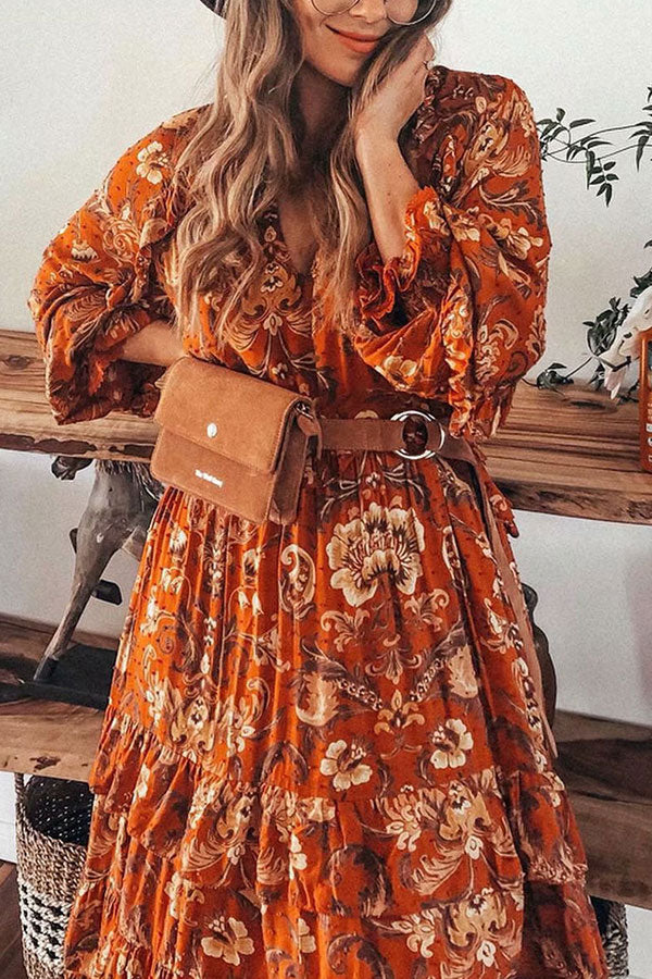 V-neck Ruffled Print Maxi Dress - Mislish