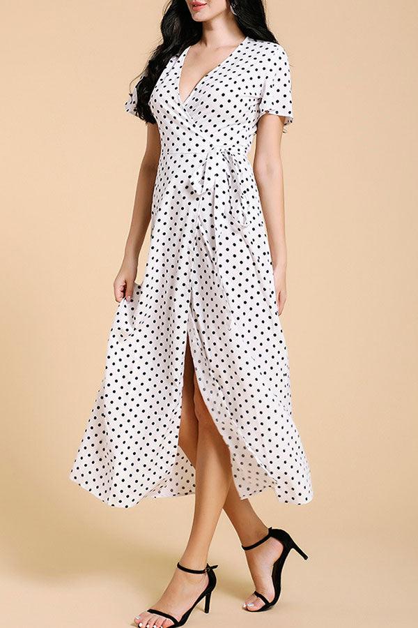 Polka Dot V-Neck Short Sleeve Wrap Maxi Dress