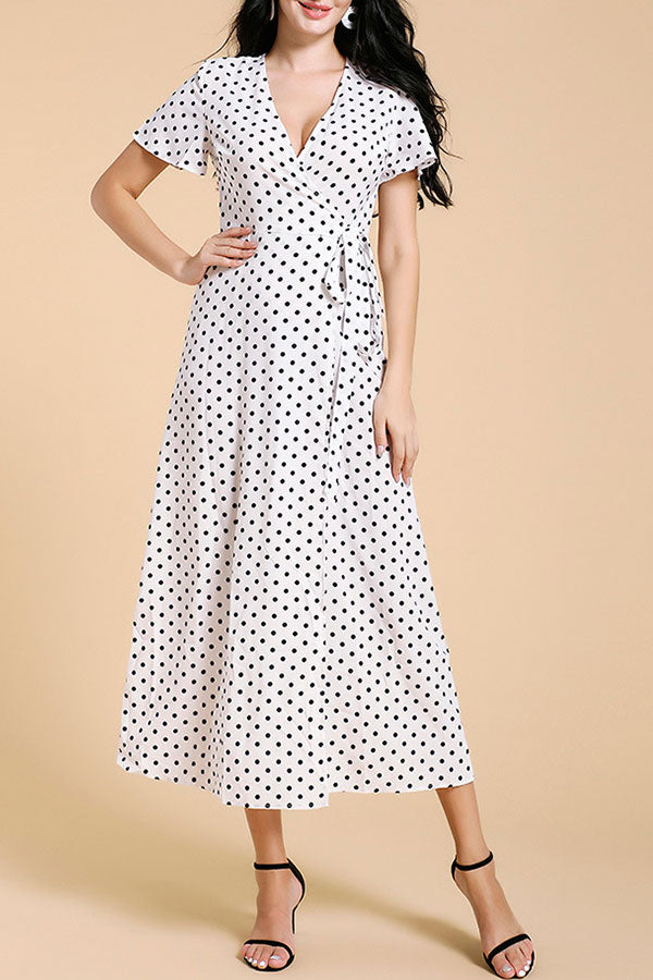 V-neck Lace-up Polka Dot Midi Dress - Mislish