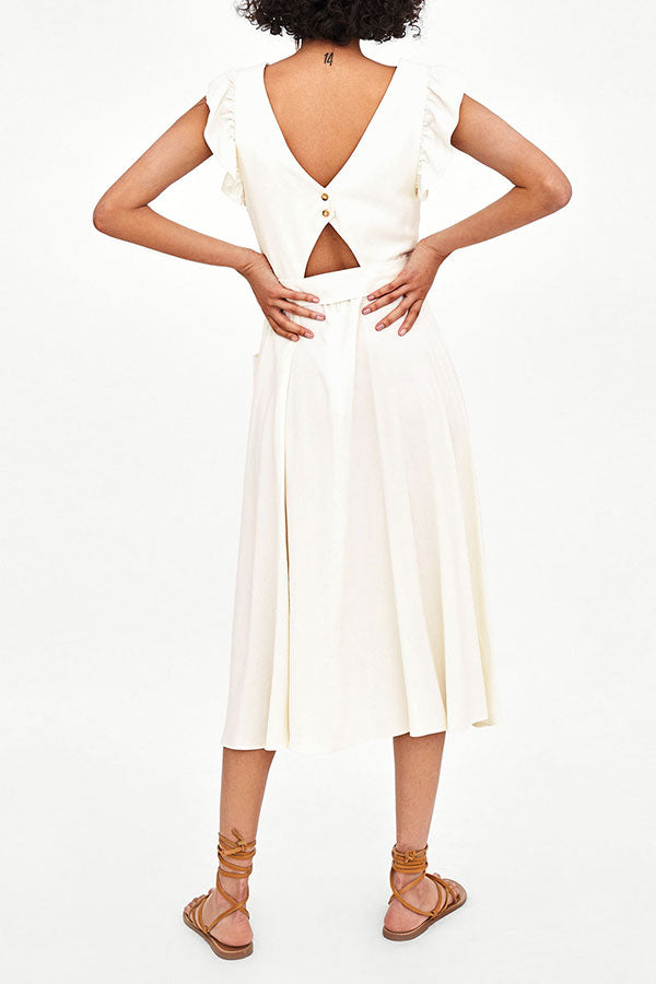 V-neck Pockets Tie Front Dress