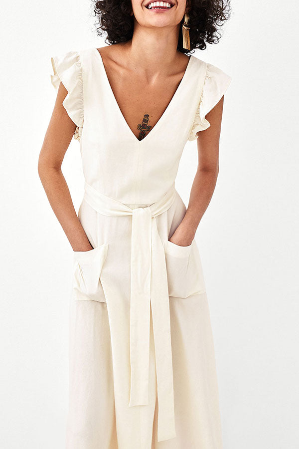 V-neck Pockets Tie Front Dress