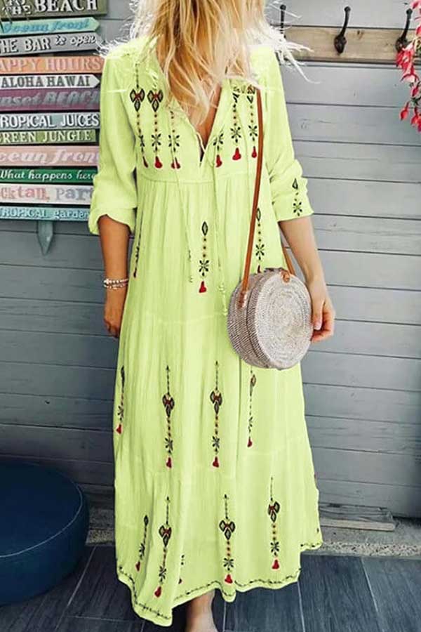 Printed V-neck String Maxi Dress - Mislish