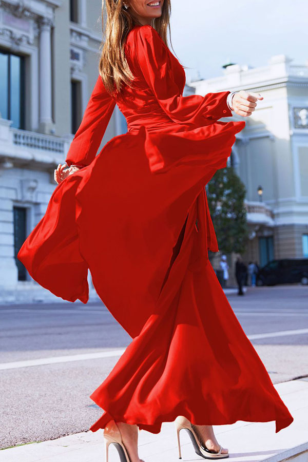 V-Neck Long Sleeve Belted High-Slit Maxi Dress 4