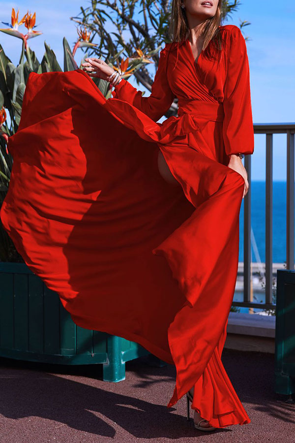 V-Neck Long Sleeve Belted High-Slit Maxi Dress 2