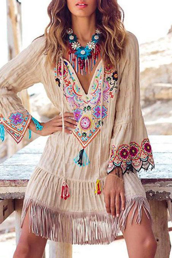 V-neck Tassel Drawstring Embroidered Dress - Mislish