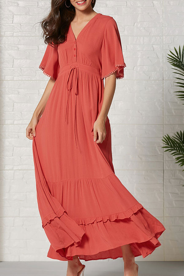Solid V-neck Tassel Ruffled Maxi Dress