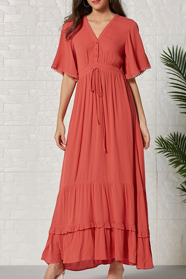 Solid V-neck Tassel Ruffled Maxi Dress - Mislish