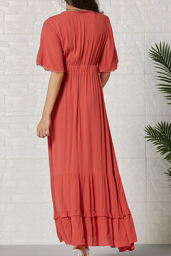 Solid V-neck Tassel Ruffled Maxi Dress