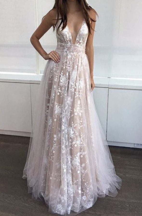 Champagne V-neck Tulle Long Dress - Mislish