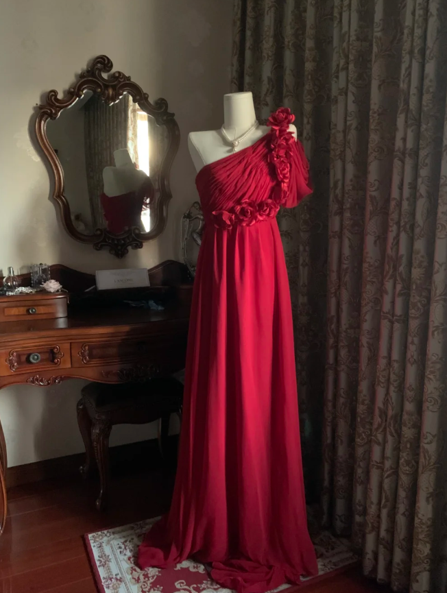 Elegant One Shoulder Red Chiffon Long Wedding Guest Dress Formal Birthday Prom Dress Evening Dress With Flowers D1780