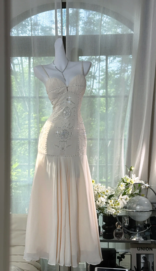 Classy Spaghetti Straps Ivory Chiffon Sequin Beaded Mermaid Party Dress Evening Gown D979