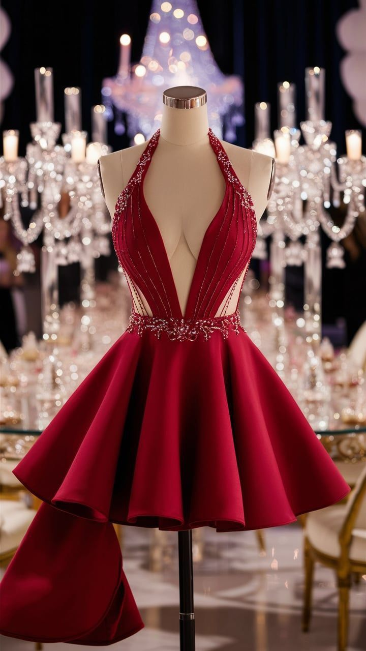 Pretty Halter Satin Beaded Red A Line Short Party Dress Formal Graduation Homecoming Dress D622