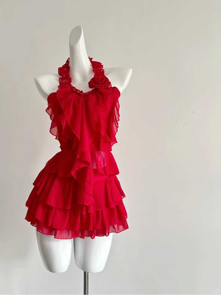 Beautiful Red Halter Chiffon Ruffle Formal Birthday Dress Short Vacation Dress D435