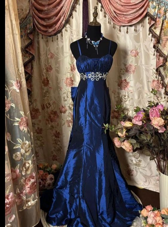 Vintage Spaghetti Straps Blue Satin Beaded Mermaid Evening Dress Long Prom Gown D1412