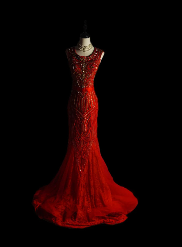 Gorgeous Sleeveless Tulle Satin Beaded Red Mermaid Evening Dress Long Prom Gown D1103