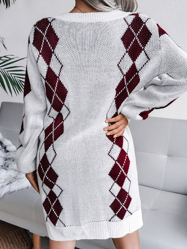 Argyle Knit V-Neck Long Sleeve Sweater Mini Dress