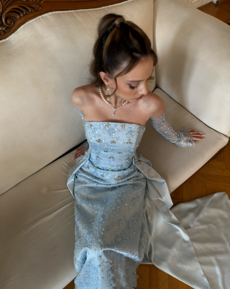 Classy Strapless Light Blue Satin Tulle Beaded Mermaid Prom Dress Long Party Gown D871