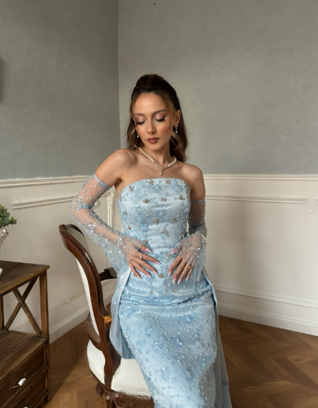 Classy Strapless Light Blue Satin Tulle Beaded Mermaid Prom Dress Long Party Gown D871