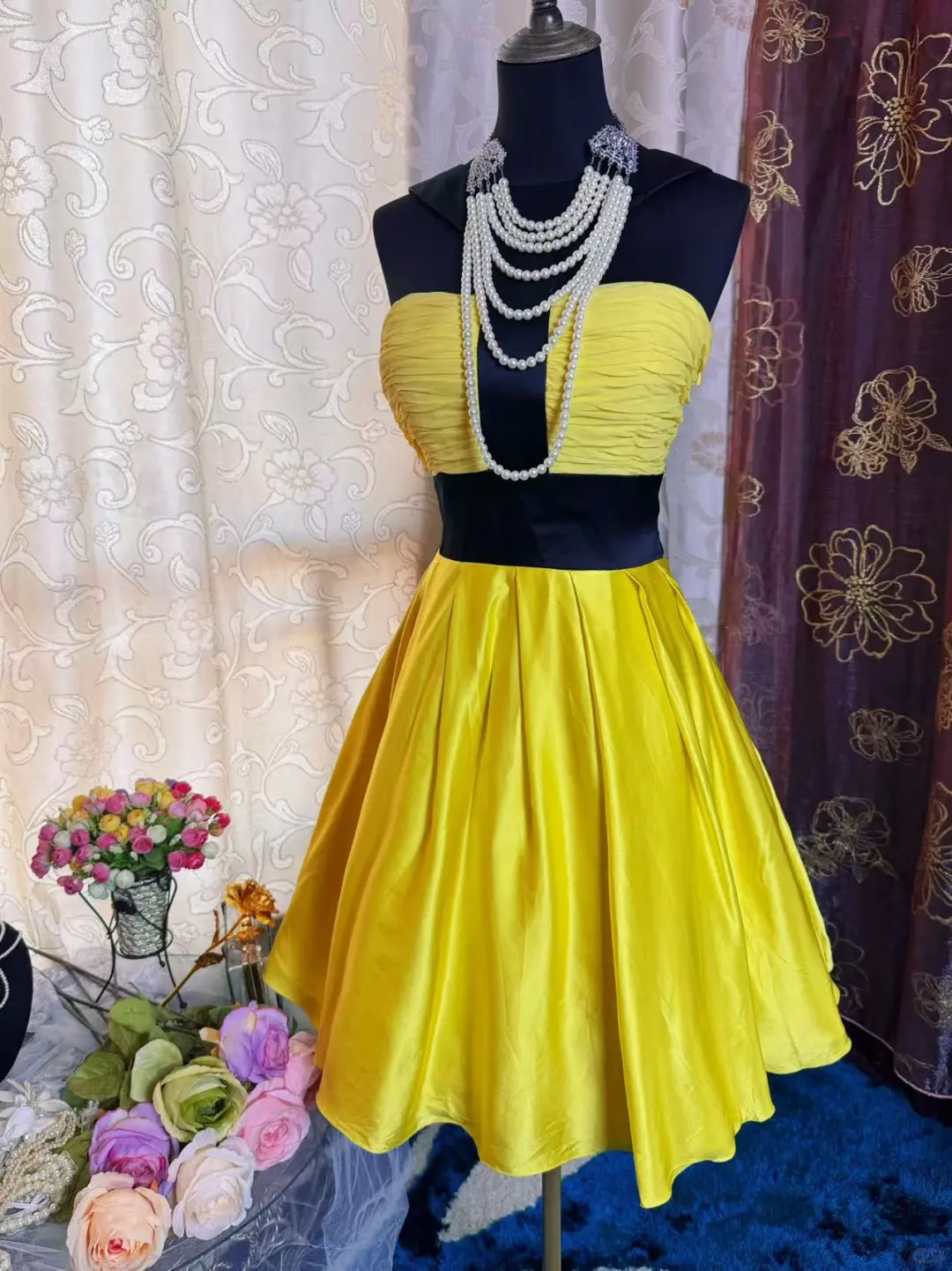 Fashion Yellow Black Splicing A Line Short Party Dress Formal Graduation Homecoming Dress D527