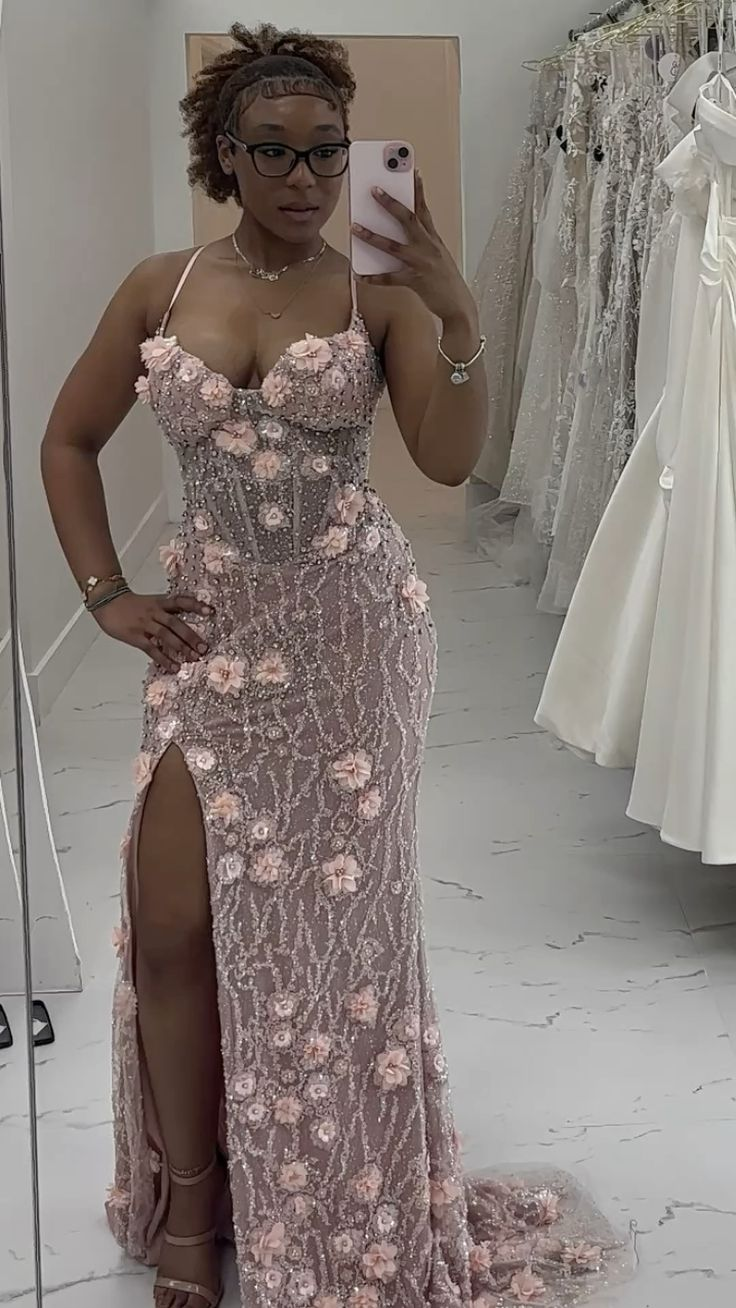 Gorgeous Spaghetti Straps Pink Sequin Beaded Slit mermaid Evening Dress Long Birthday Party Dress With 3D Flowers D1211