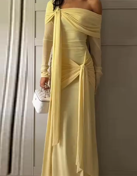 Elegant Off The Shoulder Satin Pleated Mermaid Long Party Dress Yellow Formal Wedding Guest Dress D1367