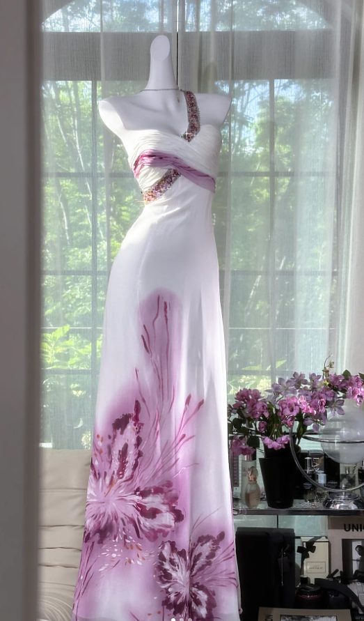 Pretty One Shoulder Beaded White Chiffon Lilac Floral Mermaid Evening Dress Long Party Gowns D917