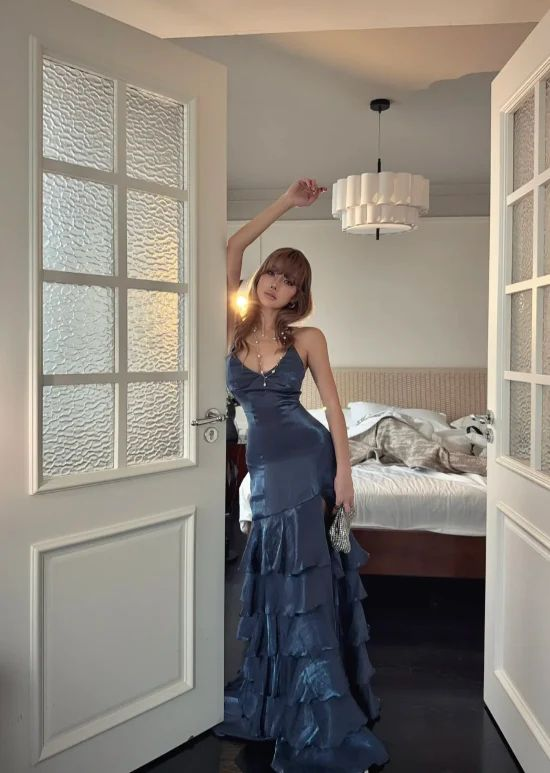 Sexy V Neck Blue Satin Layered Slit Mermaid Long Party Dress Formal Wedding Guest Dress D1560