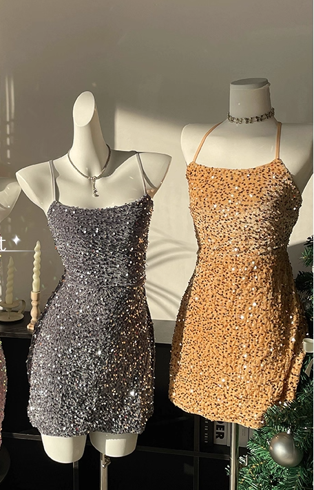 Sparkly Halter Sequin Sheath Cocktail Dress Pink Short Party Dress Homecoming Dress S672