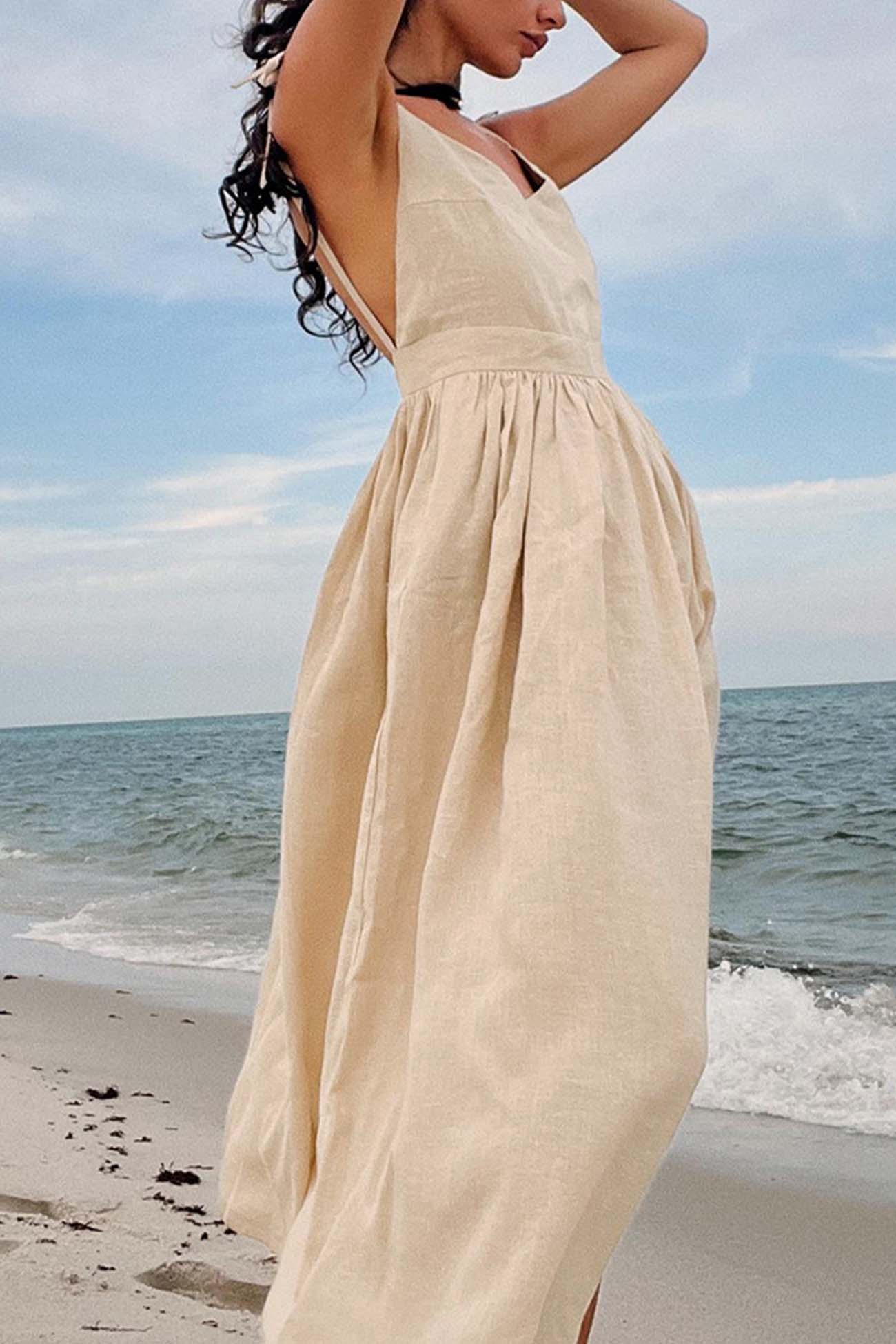 V Neck Backless Tie Shoulder Midi Dress