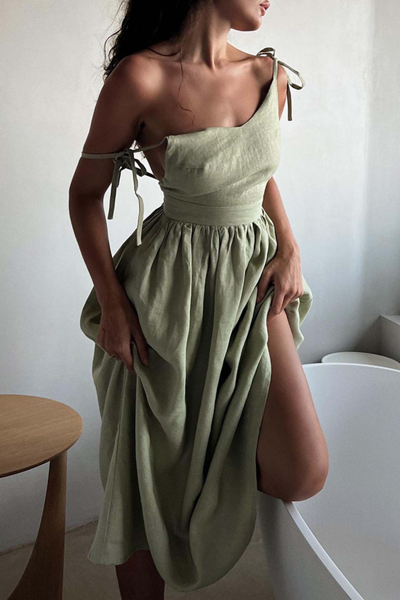 V Neck Backless Tie Shoulder Midi Dress